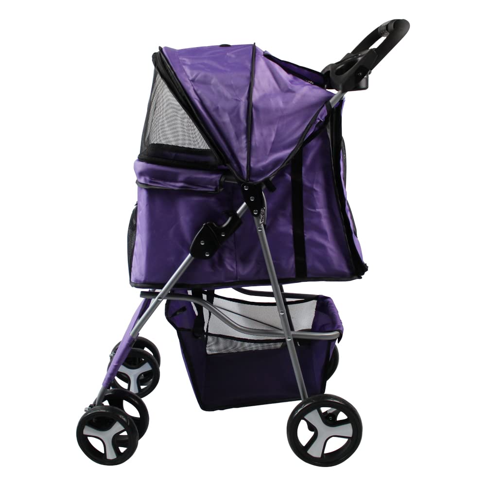 Rica-J Pet Stroller 4 Wheels, Foldable Cat Dog Cage Stroller Travel Carrier Strolling Cart With Cup Holder & Storage Basket Dogg