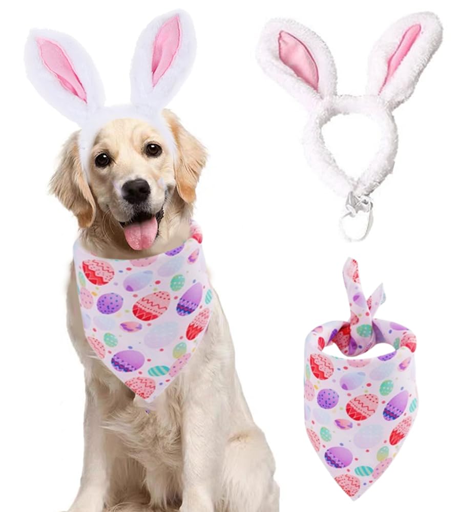 Aniac Easter Dog Headband And Egg Bandanas Set Plush Bunny Ears Costume For Small Medium Large Dog Pet Easter Costume Accessorie