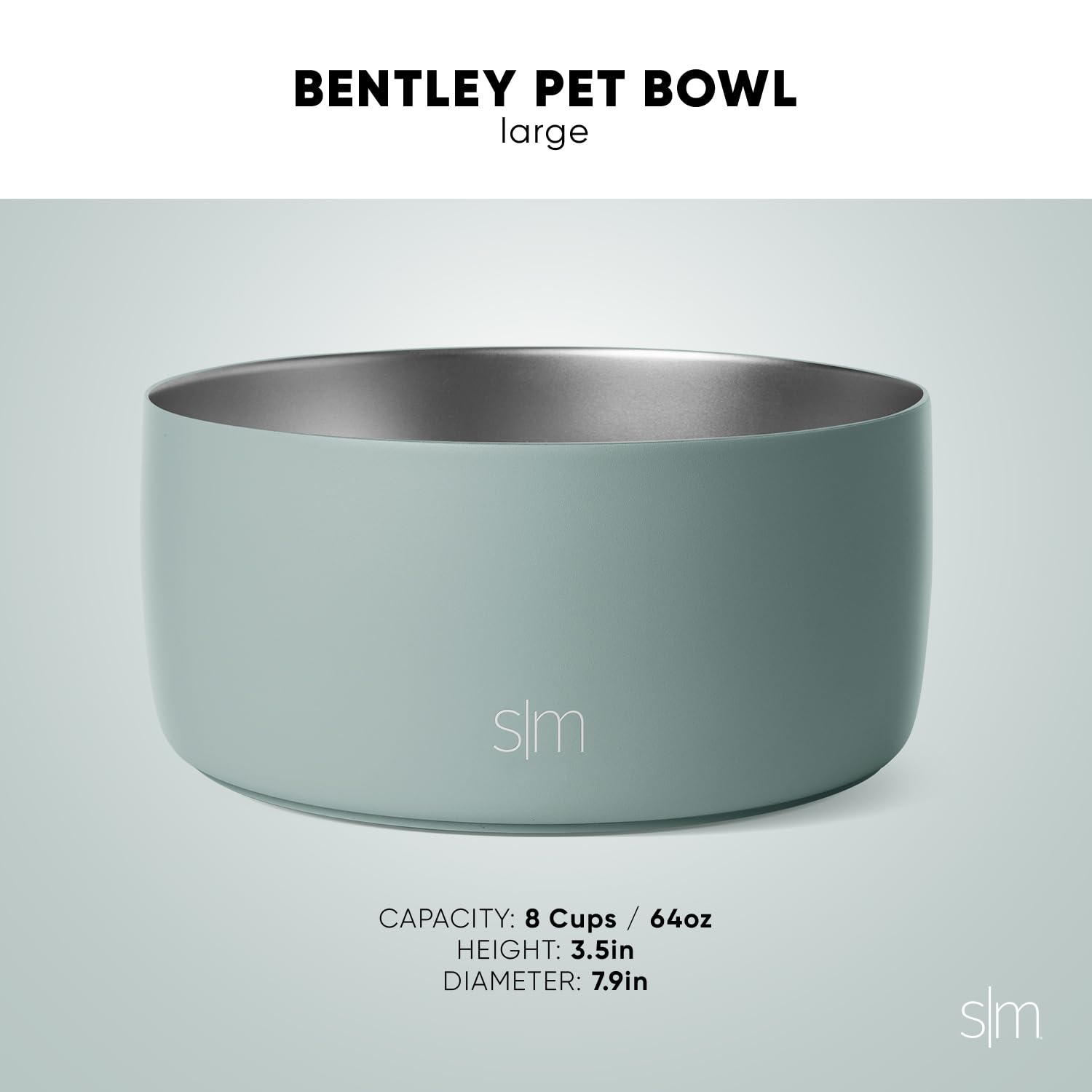 Simple Modern Stainless Steel Pet Water Bowl for Dogs & Cats, Large 8 Cups, Sea Glass Sage, Insulated, No Tip No Slip, Model DB-L-SGS
