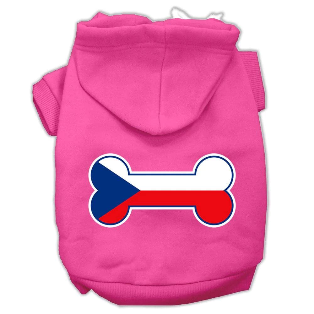 Pet, Dog & Cat Hoodie Screen Printed, 'Bone Shaped Czech Republic Flag' Bright Pink Md (6-10 Lbs.)