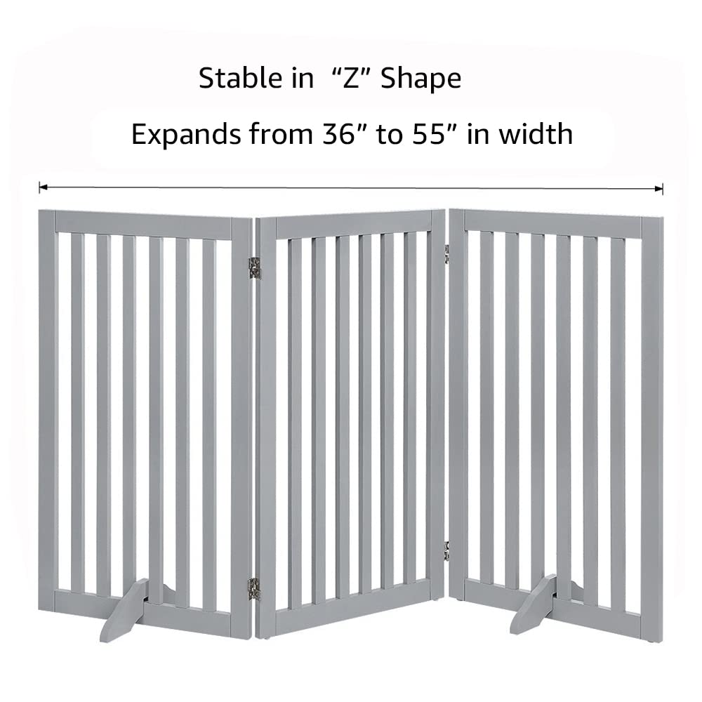 Unipaws 36' H Free Standing Pet Gate For Dog Cat, Tall Wooden Dog Gates For Doorway, Stairs, Foldable Pet Fence For The House, Expandable Dog Barrier, Indoor Use, Grey