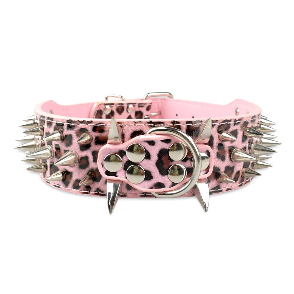 Serijoars Spiked Studded Dog Collar, Pu Leather Dog Collar, Adjustable Pet Collars For Medium Or Large Breed Pet (L, Leopard5)
