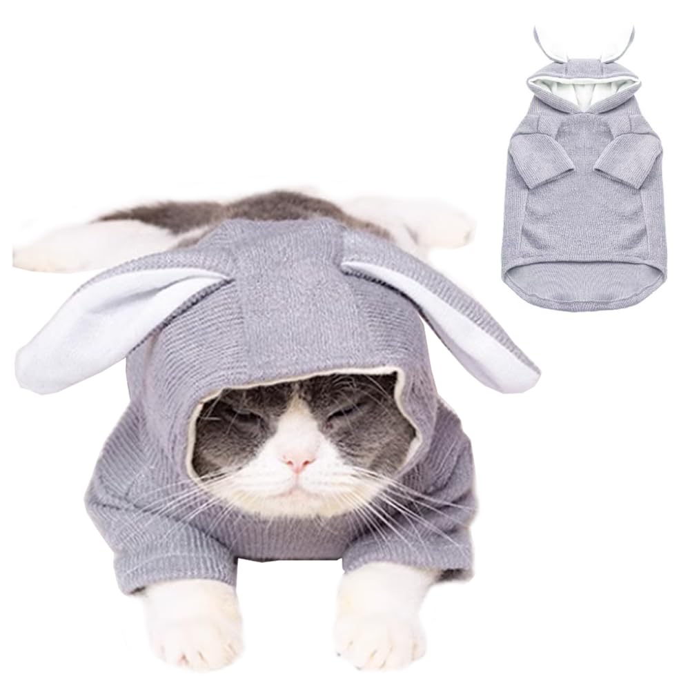 Aniac Pet Hoodie Cat Rabbit Outfit With Bunny Ears Cute Sweatshirt Spring And Autumn Puppy Knitted Sweater Kitty Soft Knitwear (Medium, Grey)
