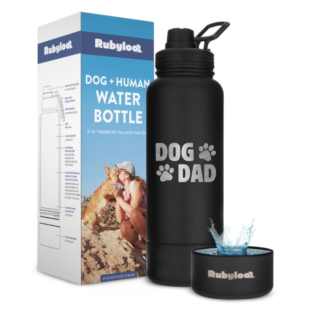 Dog Water Bottle For Dog Dads - 32 Oz Stainless Steel Double Wall Insulated Water Bottle With 8 Oz Detachable Bowl - Ideal Pet L