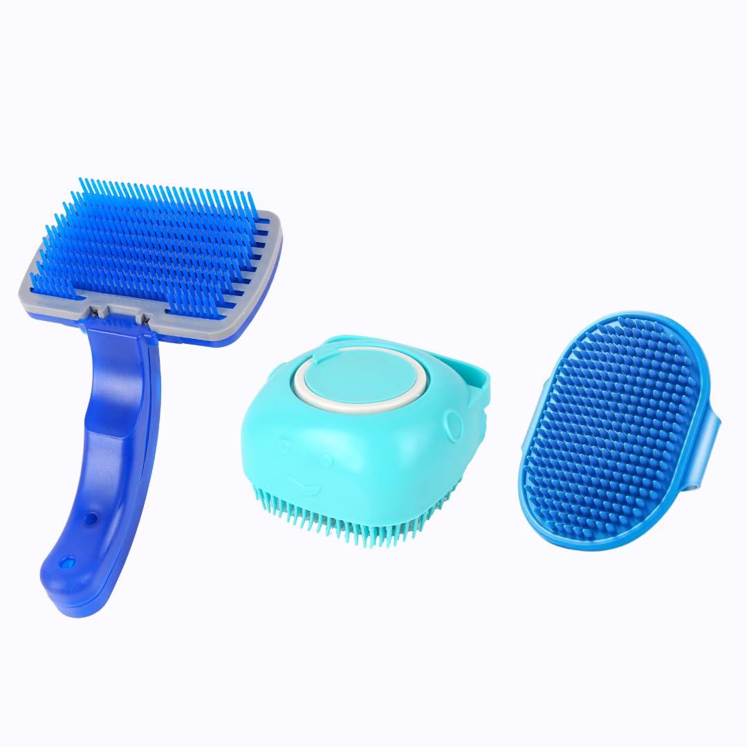 Pet Grooming Brush Kit  Slicker Brush, Shampoo Dispenser, and Silicone Scrubber for Pets