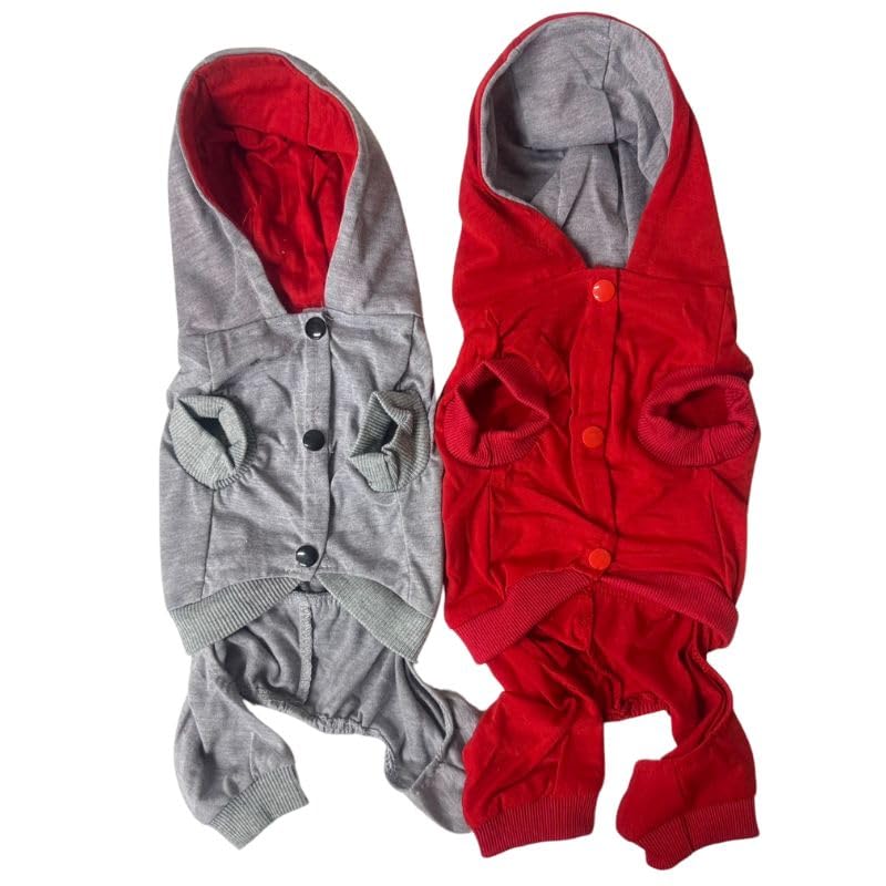 Dog Hoodie Jumpsuit, Athletic Style Pet Apparel, Grey With Red Logo, Casual Sports Outfit For Small Dogs ?Thin Material? (Glay,