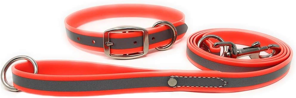 Regal Dog Products Medium Orange Reflective Dog Collar And Leash Set - Waterproof Biothane Dog Collar With Heavy Duty Double Buc