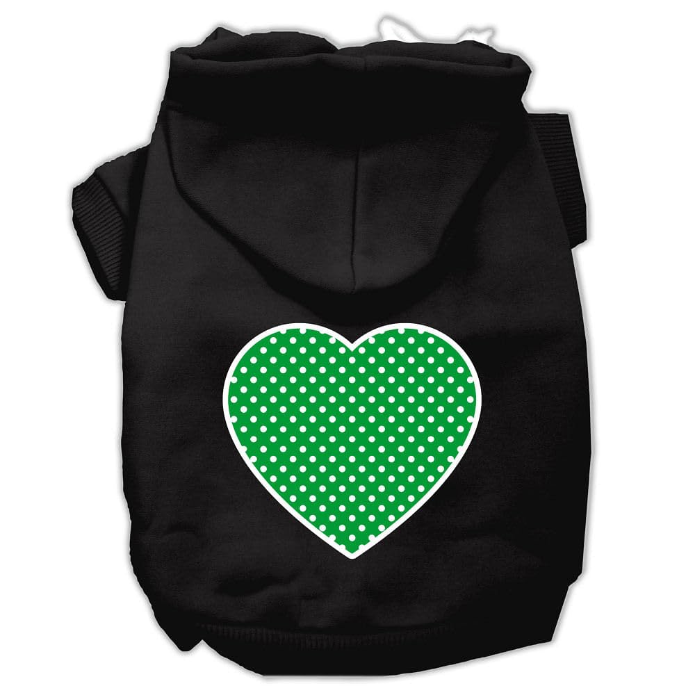 Pet Dog & Cat Hoodie Screen Printed, 'Green Swiss Dots Heart' Black Xl (14-20 Lbs.)