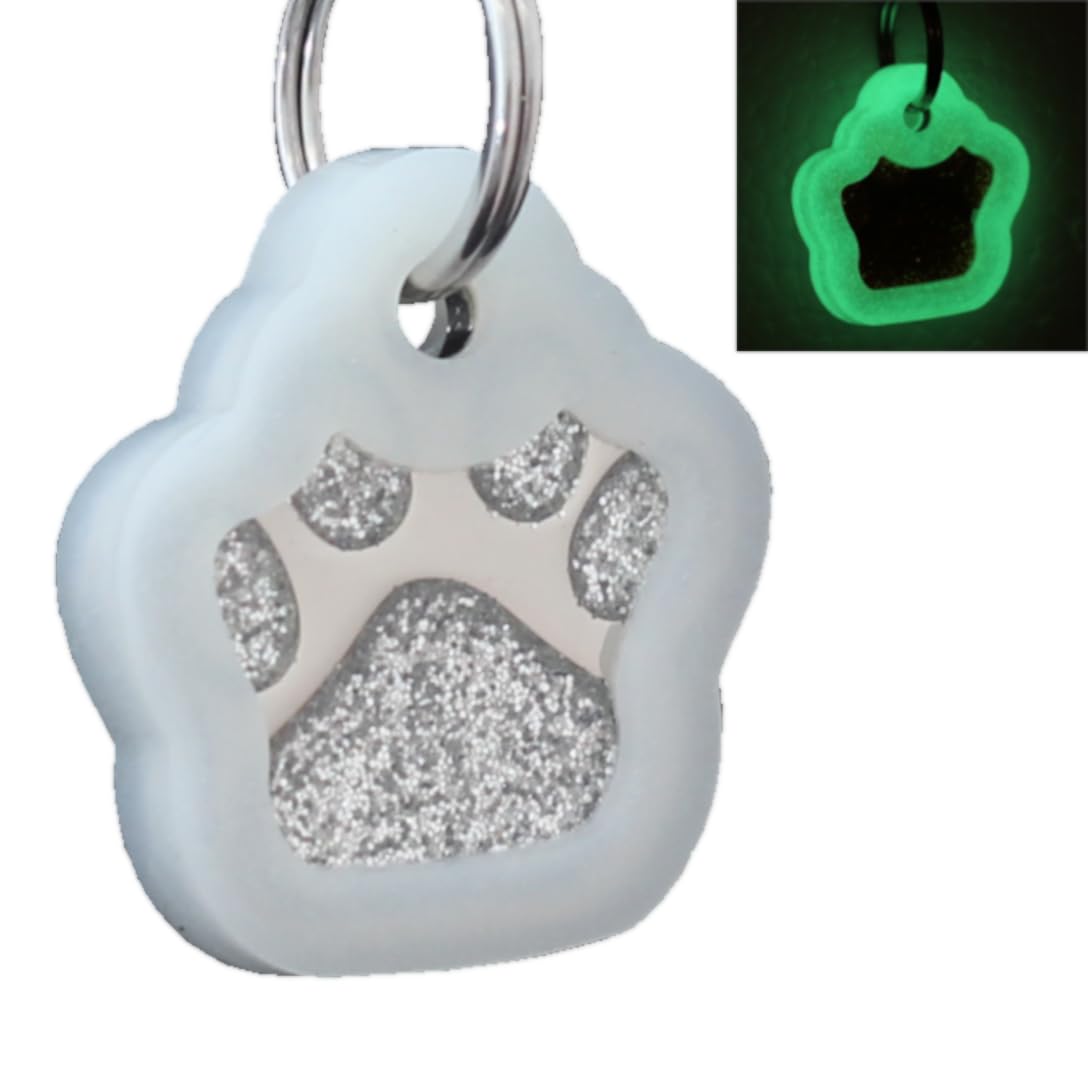 Io Tags Pet Id Tags, Personalized Dog Tags And Cat Tags, Custom Engraved, Easy To Read, Cute Glitter Paw Pet Tag (Silver + Silen