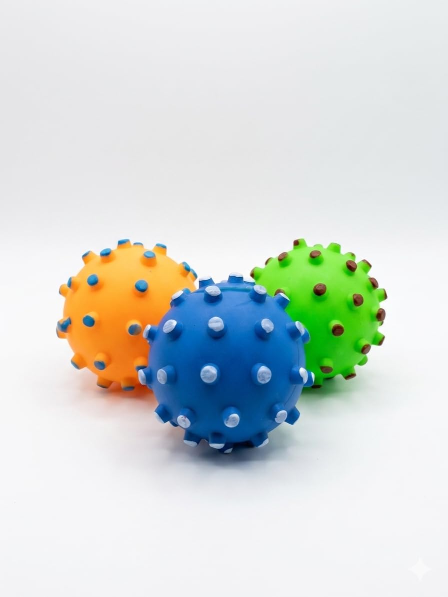 Spiky Squeaky Dog Toy Balls, Dental Massage Nubs, Builtin Squeaker, NonToxic, Easy Grip, Pack of 3, Multicolored
