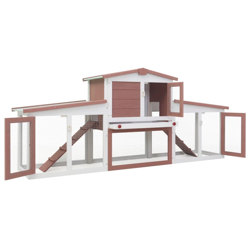 vidaXL Outdoor Large Rabbit Hutch - Wood | Brown and White | 80.3&quot;x17.7&quot;x33.5&quot; | Base for Small Animals | Painted Fir Wood | with Asphalt Roof | Lockable Doors | Removable Dropping Tray | Wood Hu...