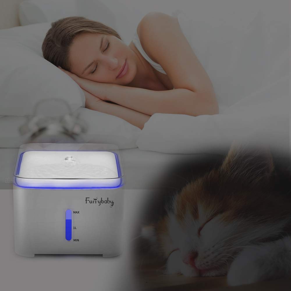 Furrybaby Cat Drinking Water Fountain, Led Automatic Pet Water Dispenser With Water Level Window 2L Ultra Quiet Indoor Intellige