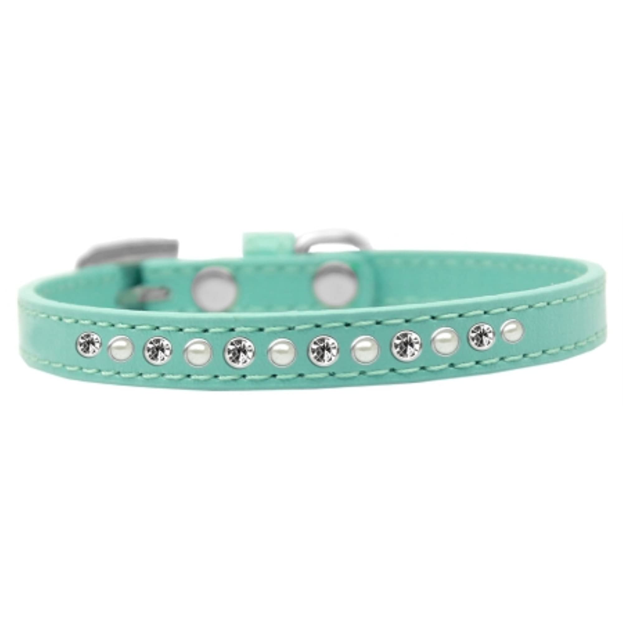 Mirage Pet Products Pearl and Clear Crystal Aqua Puppy Dog Collar, Size 14
