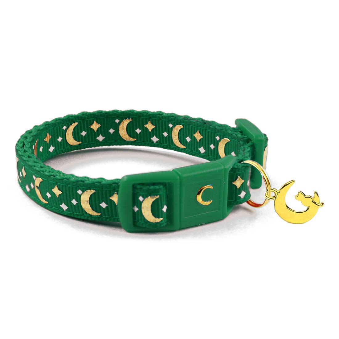 Waaag Gold Moons And Stars Safety Breakaway Cat Collar, Glow In The Dark (Kitten 6.5''-10'' Neck, Emerald)