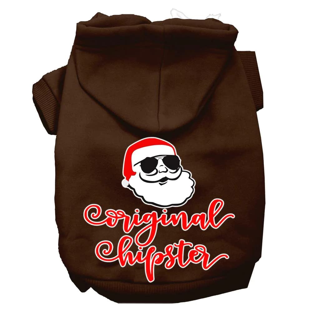 Christmas Pet Dog & Cat Hoodie Screen Printed, 'Original Hipster' Brown Xs (0-3 Lbs.)
