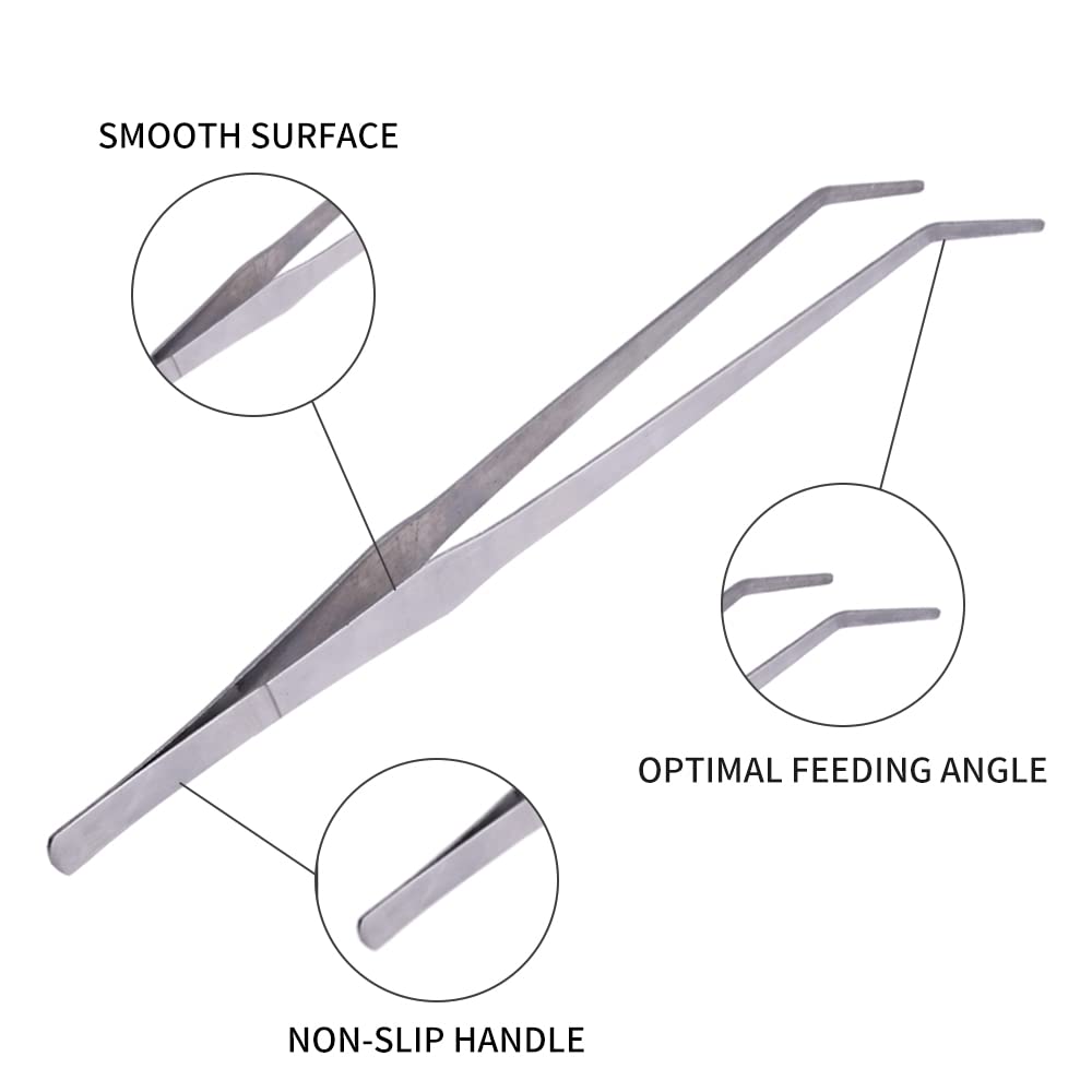 Firesteed Extra Long Handle Aquarium Tweezers Serving Tongs Feed Clamp,2 Pack Stainless Steel Straight And Curved Tweezers Set For Fish Tank Plants Reptile Feeding Tongs(15 Inchs)