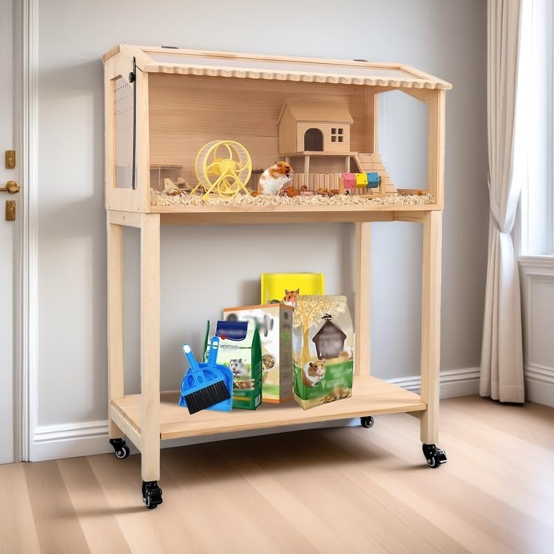 Wooden Hamster Cage With Storage Shelf, Hamster Cage, Pine, Guinea Pig Cages, Small Animal Cages With Storage Shelf, For Guinea 