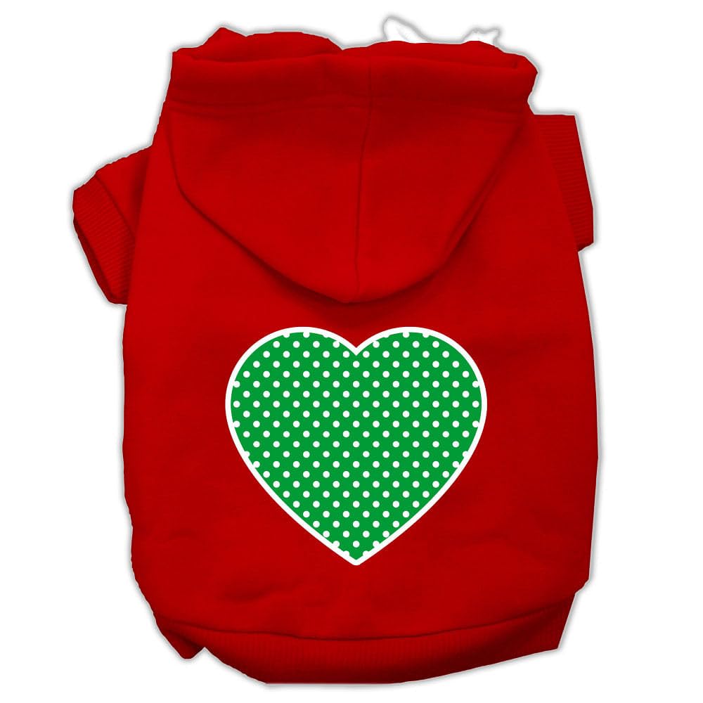 Pet Dog & Cat Hoodie Screen Printed, 'Green Swiss Dots Heart' Red Xs (0-3 Lbs.)