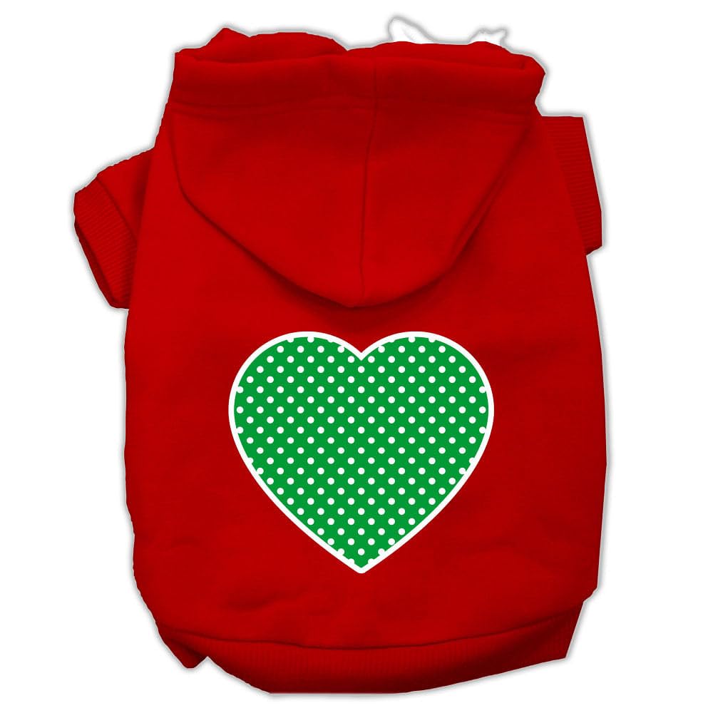 Pet Dog & Cat Hoodie Screen Printed, 'Green Swiss Dots Heart' Red Md (6-10 Lbs.)