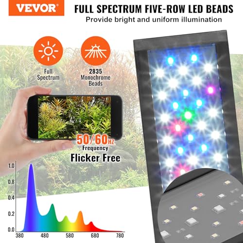 VEVOR Aquarium Light, 26W Full Spectrum Fish Tank Light with 5 Levels Adjustable Brightness, Adjustable Timer and Power-Off Memo