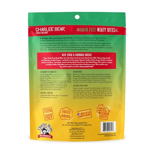 Charlee Bear Freeze Dried Dog Treats, Beef & Cheese, High Protein, 2.25 Oz Resealable Bag, Grain Free Training Snacks, Made in USA