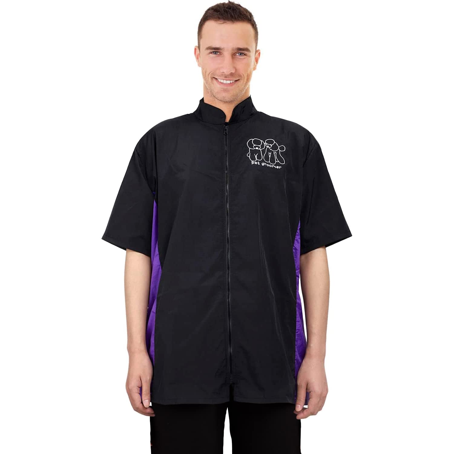 Noverlife Short Sleeves Pet Grooming Workwear With Full Zipper, 3Xl Size, Anti-Static Pet Beautician Smock, Lightweight Pet Groo