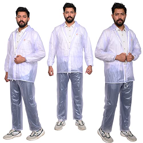 Allextreme Crystal Men Raincoat With Adjustable Hood Water Resistant Reusable Rainwear Drawstring Hem Set Of Top & Bottom With C