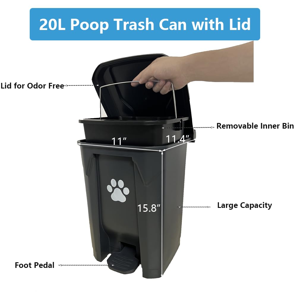Dog Poop Trash Can For Outdoors With Extra Large Pooper Scooper & 50 Waste Bags - 20L/5 Gallon Large Dog Poop Trash Can Outside