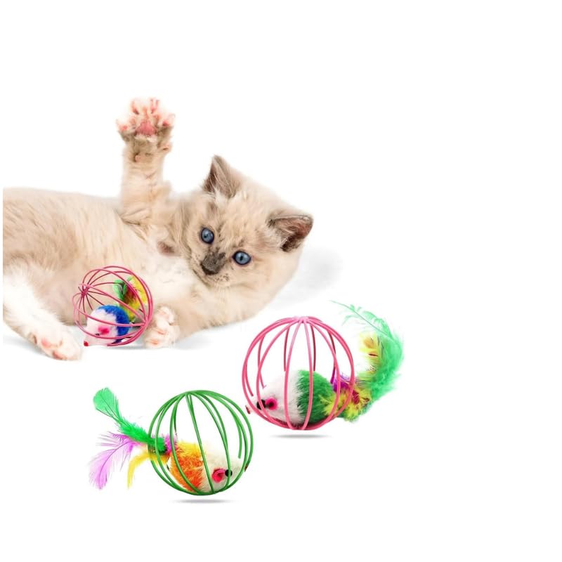 Bohobark Cat Ball Toys With Bell Feather Cute Mouse In Cage Shaped Interactive Ball Toy For Cats And Dogs Training Playing
