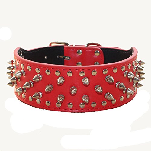 Serijoars Spiked Studded Dog Collar, Pu Leather Dog Collar, Adjustable Pet Collars For Medium Or Large Breed Pet (M, Red)