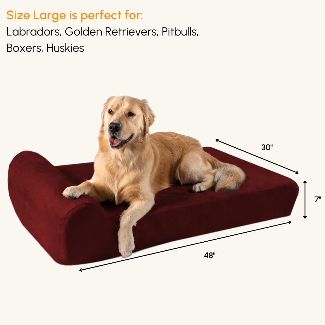 Barker Beds Headrest Dog Bed For Large Sized Dogs (Large, Burgundy) - 7 Thick Soft & Comfortable Orthopedic Cushion - Durable