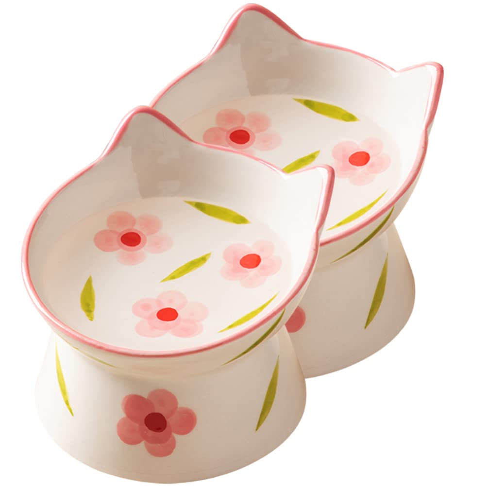 Zerodeko 2pcs Raised Pet Bowls Ceramic Elevated Dog Cat Food and Water Bowls Slow Feeder Neck Protection Pet Feeding Bowl Dish f