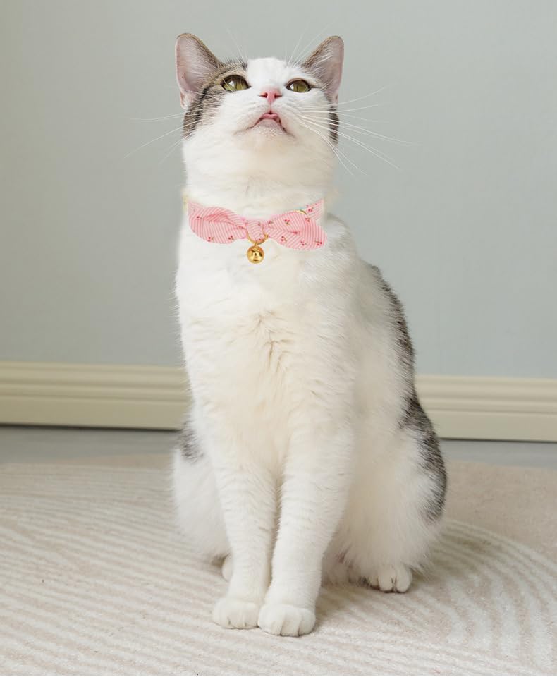 Ewinoom 2 Pack Breakaway Cotton Cat Collars With Cute Bunny Ear Bowtie And Bell, Pink Floral Female Kitten Collars
