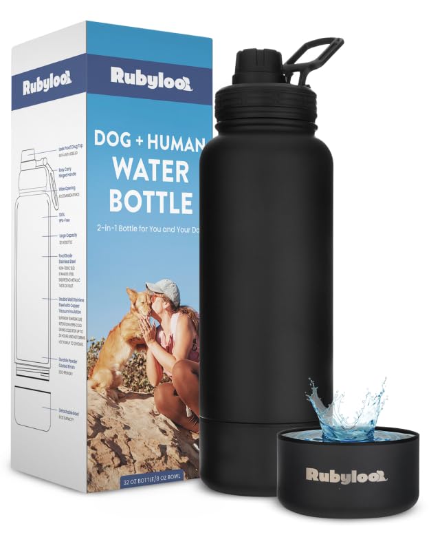 Dog Water Bottle For Dog Lovers - 32 Oz Stainless Steel Double Wall Insulated Water Bottle With 8 Oz Detachable Bowl - Gift For 