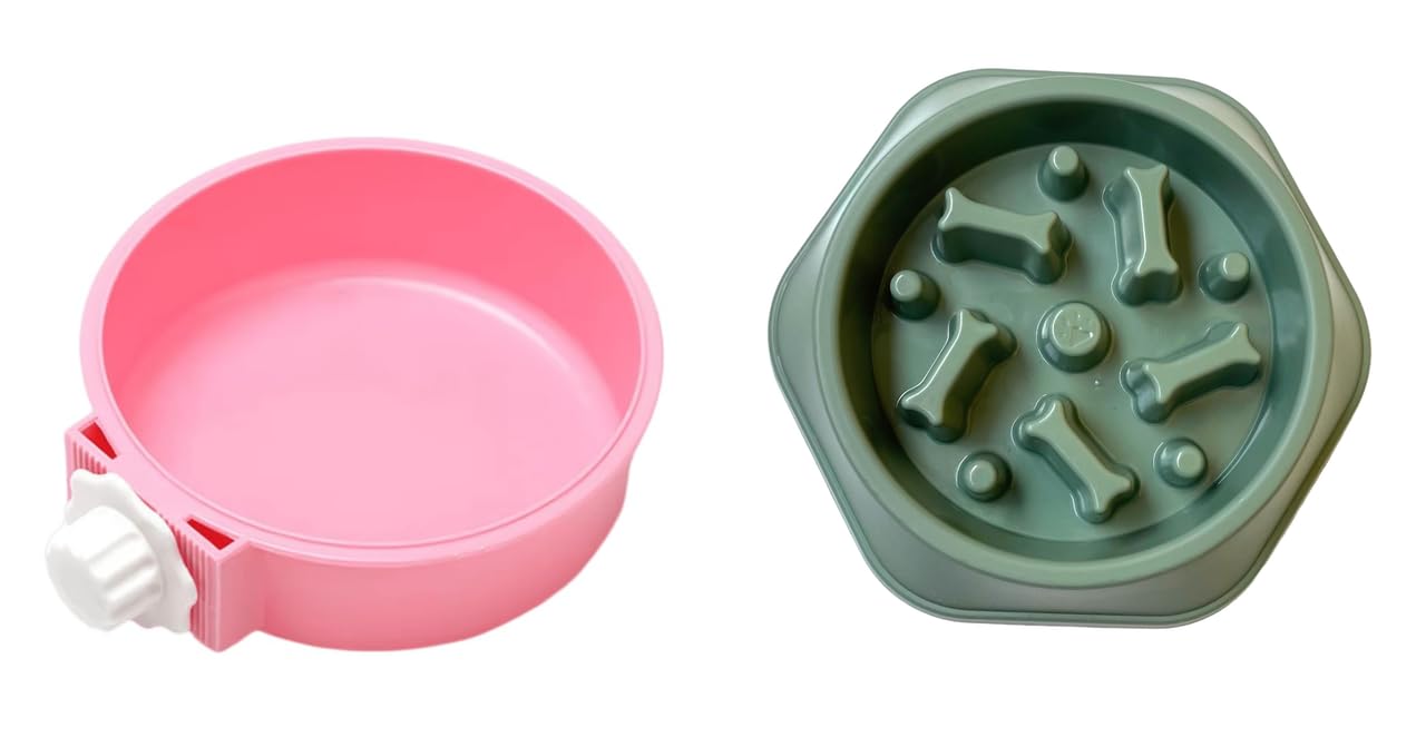 Round Cage Hanging Pet Bowl For Dog And Cat Food With Plastic Lock (Pink) And Pet Bowl, Feeding Bowl, Dog Bowl, Slow Eating Bowl