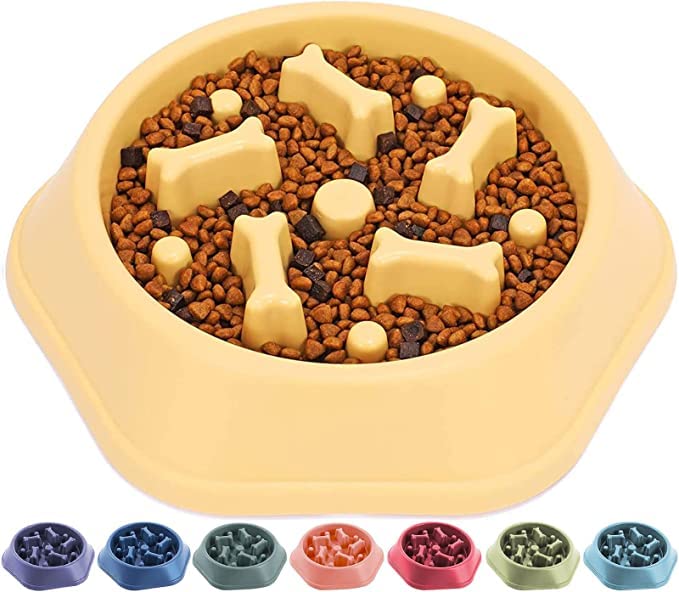 Rvpaws Slow Feeding Pet Bowl, No Choking Round Feeder Bowl With Bone Pattern Interactive Treat Bowl For Dogs (Yellow)