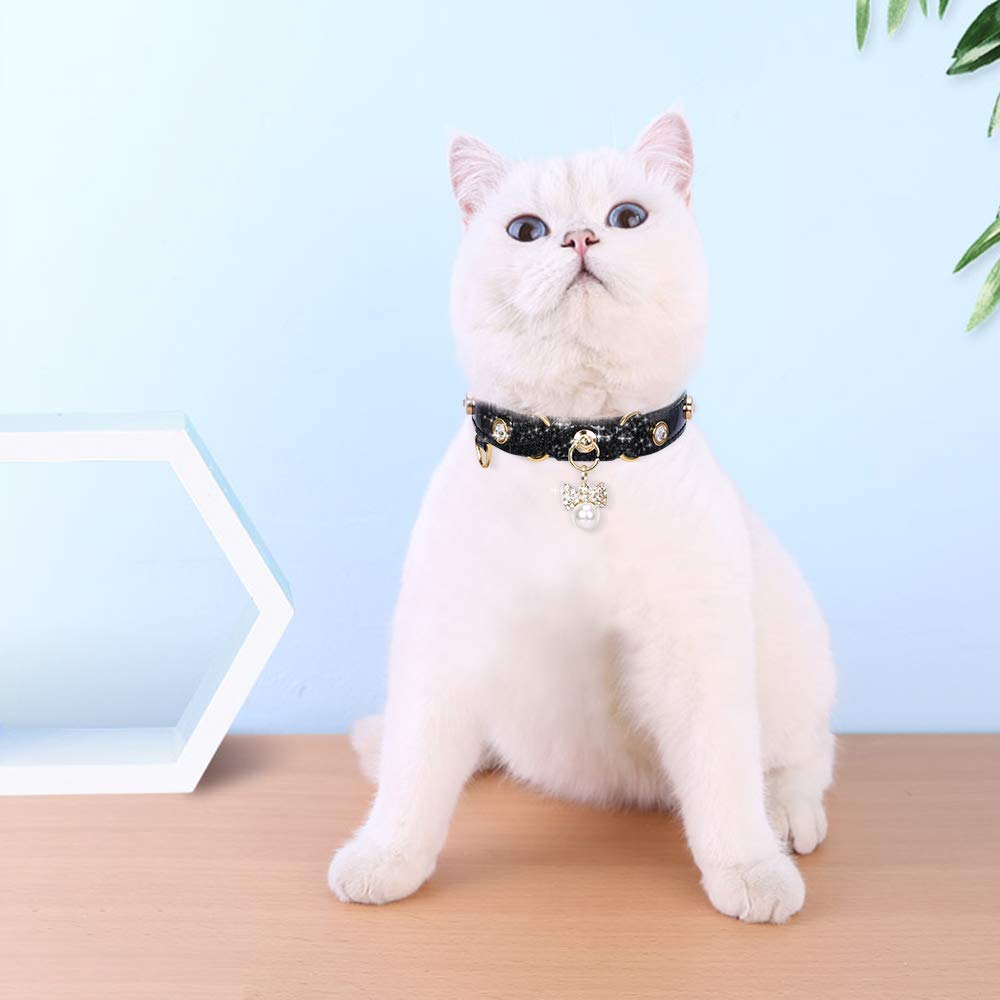 PetsHome Adjustable Cat & Dog Collar - Bling Rhinestones, PU Leather, Small, Black, Model PH-US-3085-Pet-Collar-S-BK