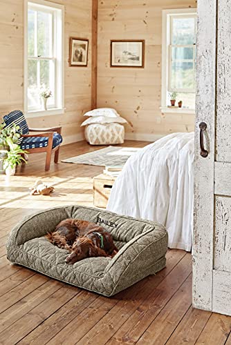 Orvis Comfortfill-Eco Bolster Dog Bed - Plush Rectangular Dog Beds With Three-Sided Bolster For Leaning, Charcoal Chev - Large