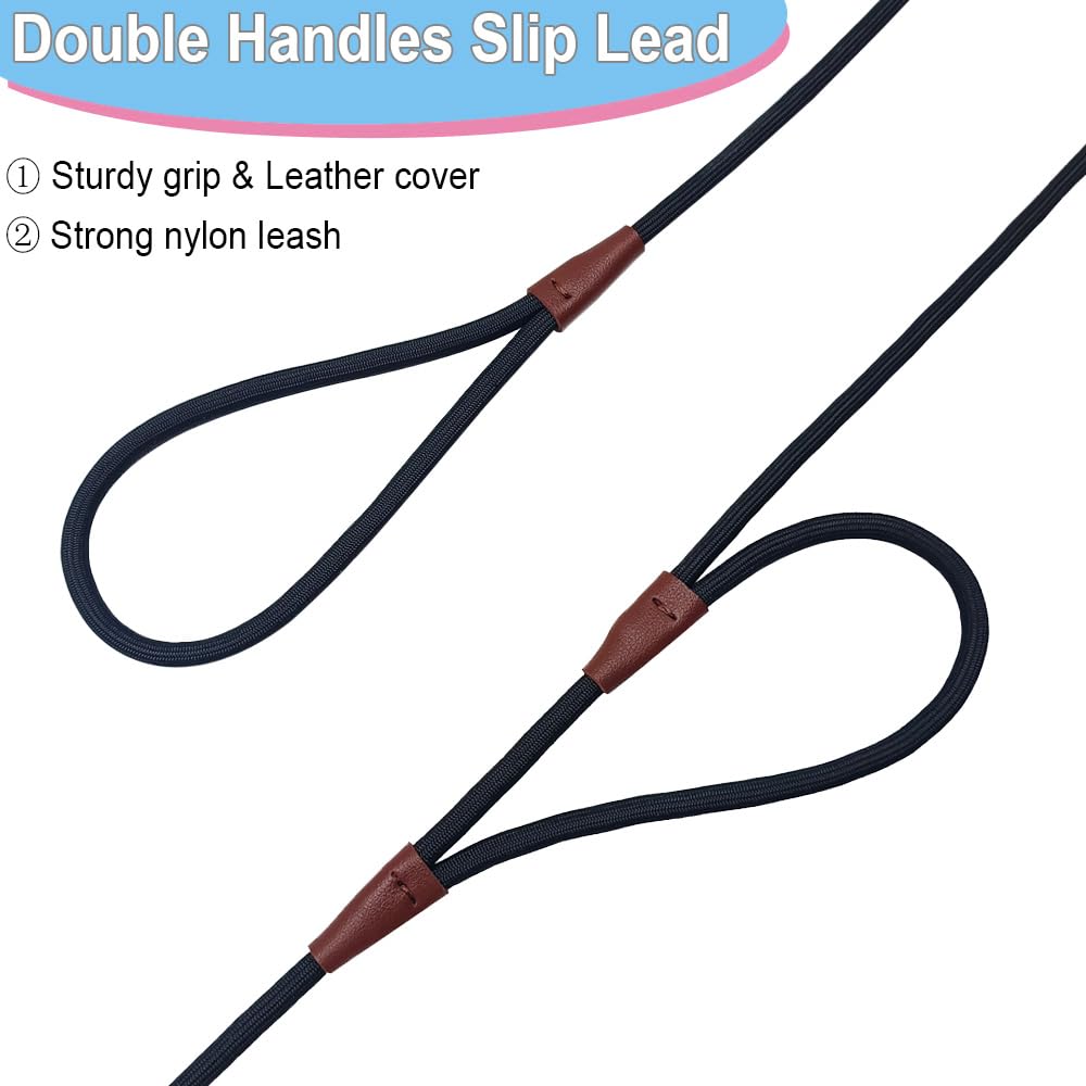 Yucforen Double Handle Slip Lead 8Ft Dog Leash, Anti Choke 1/4'' Nylon Rope Training Leash, Traffic Handle No-Pull Control Lead