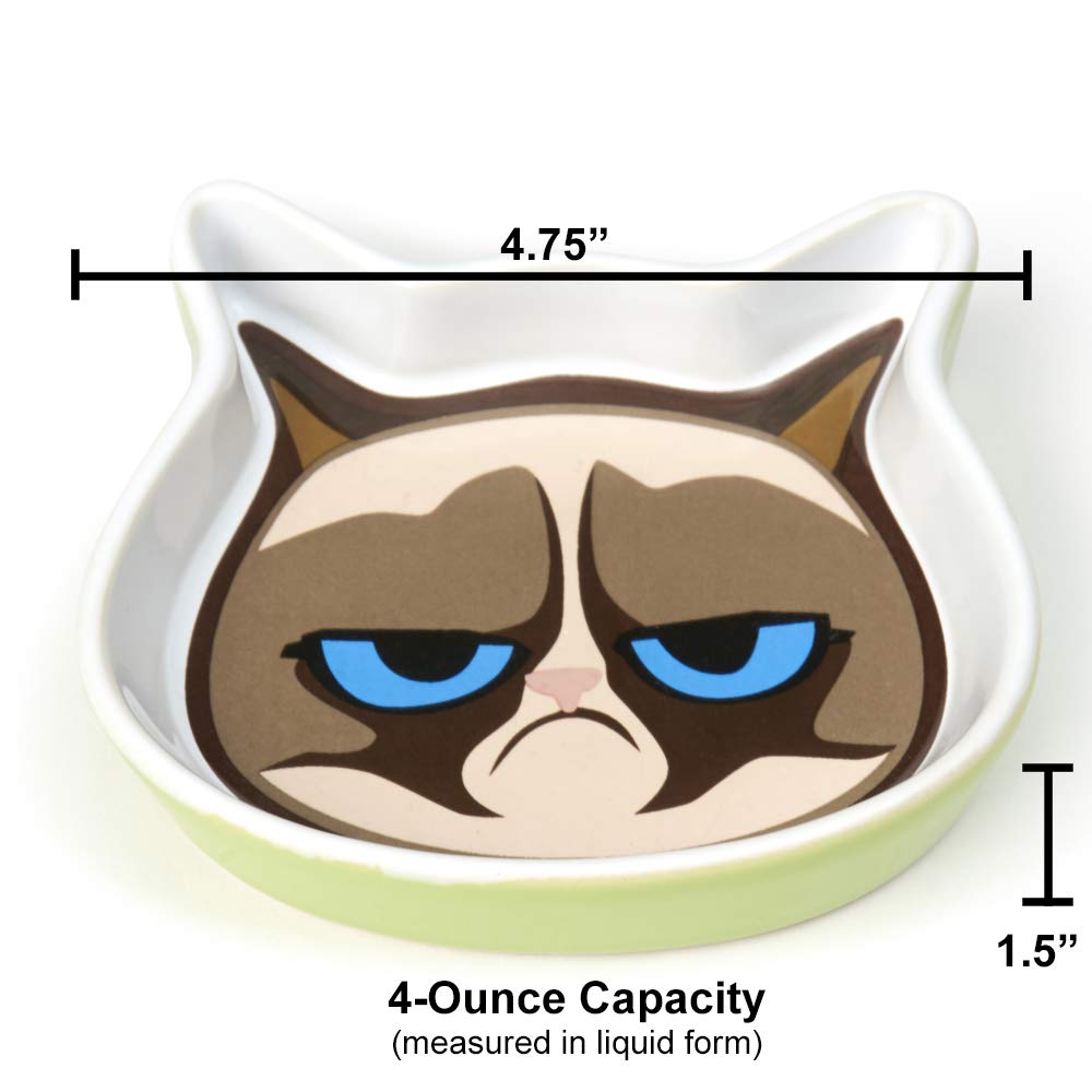 PetRageous G16092 Grumpy Cat Shallow Dishwasher Safe Cat Face Stoneware Saucer 4.75-Inch Wide 4.25-Inch Long 1-Inch Tall 4-Ounce