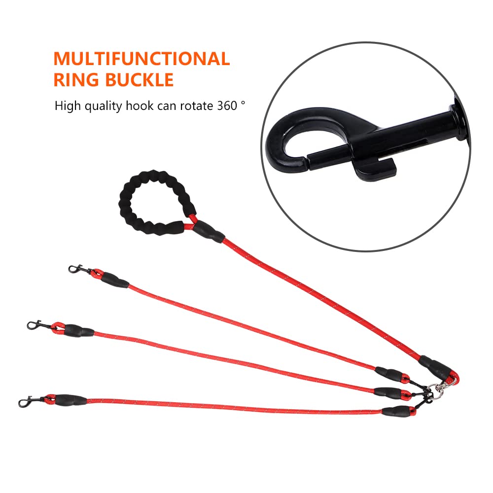 Three Dog Leash - Comfortable Double Leash With Reflective, 360 Swivel No Tangle Training For Large Medium Small Dogs (Red, Thre