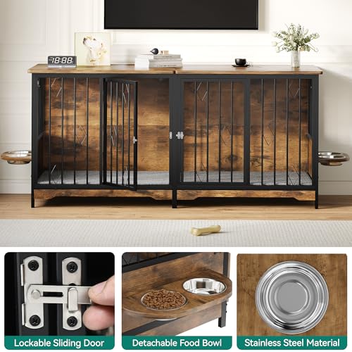 YITAHOME Large Wooden Dog Crate Furniture, 71" with Divider, Flip-Top, 4 Bowls, 2 Cushions, Brown, for Medium to Large Dogs