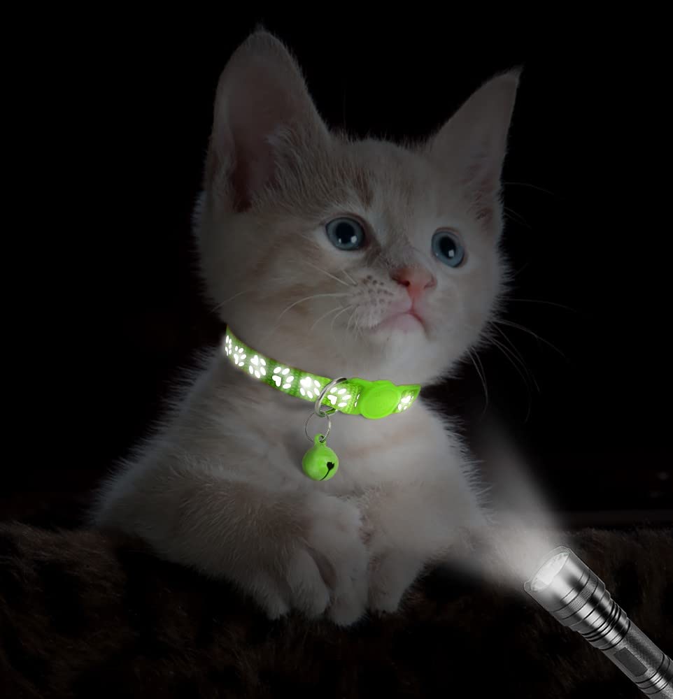 Taglory Reflective Cat Collars Breakaway With Bell, 2 Pack Girl Boy Pet Kitten Collar Adjustable 6-8 Inch, Green
