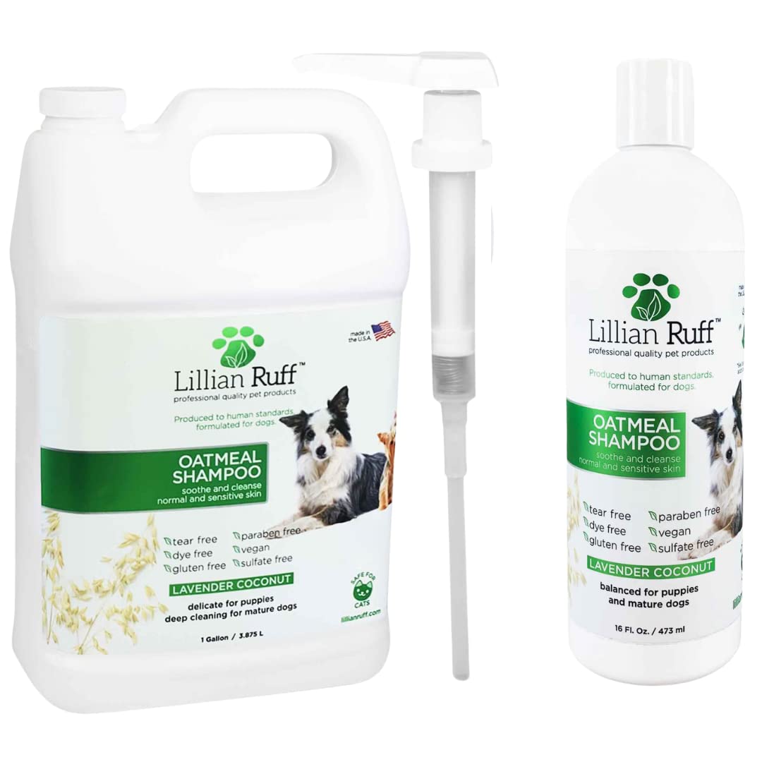 Lillian Ruff Calming Oatmeal Pet Shampoo For Dry Skin & Itch Relief With Aloe & Hydrating Essential Oils - Replenish Moisture & Deodorize -Gentle Dog Shampoo For Normal/Sensitive Skin (Gallon & Pump)