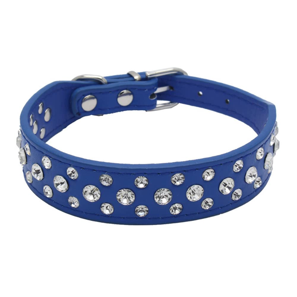 Haoyueer Bling Rhinestone Pu Leather Crystal Diamond Pet Dog Cat Puppy Collar Black S M L Xl (Xl, Dark Blue)