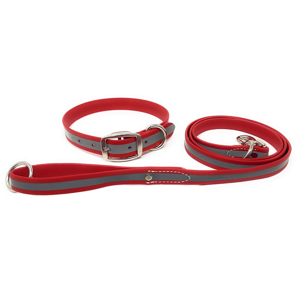 Regal Dog Products Large Red Reflective Dog Collar And Leash Set - Waterproof Biothane Dog Collar With Heavy Duty Double Buckle,
