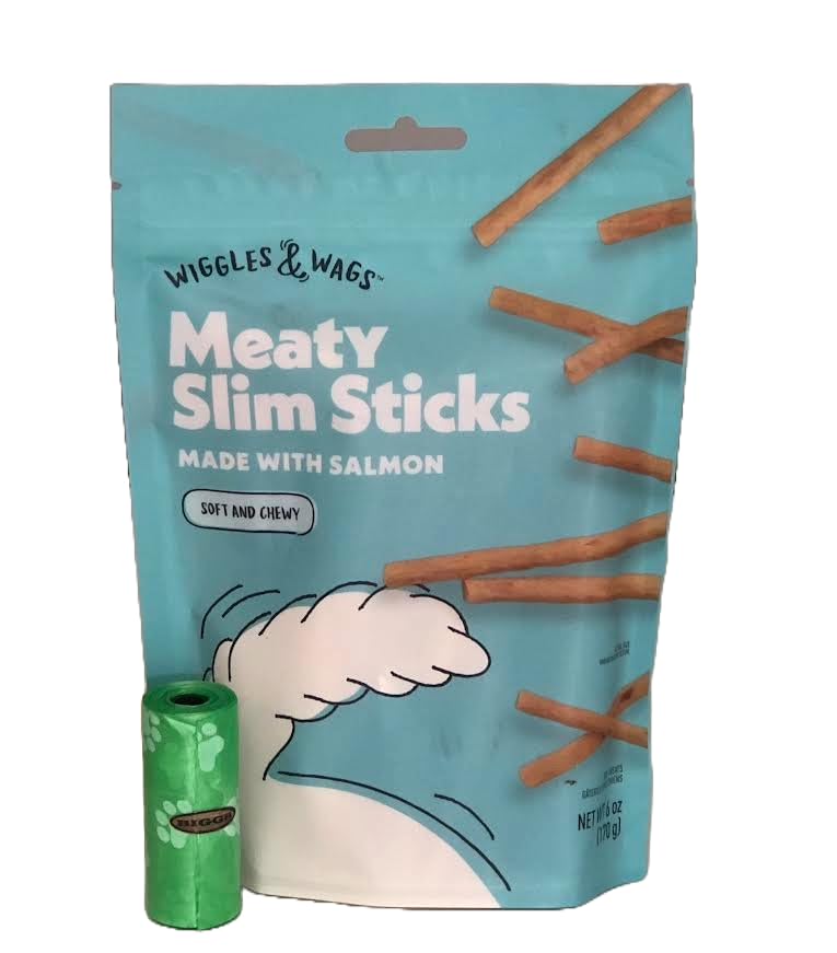 Wiggles & Wags Meaty Slim Sticks Made with Salmon Dog Treats. One Six Ounce Bag. One Biggs Dog Waste Roll.