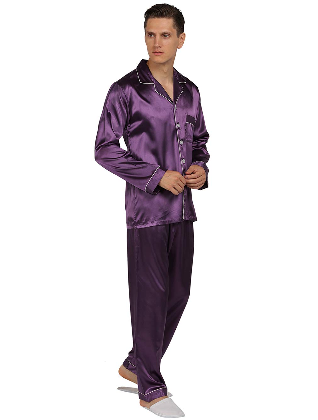 YIMANIE Mens Satin Pajamas Set, Classic Sleepwear Loungewear, Medium, Purple, Polyester, Model US-YMN-SE-09-ZS-M