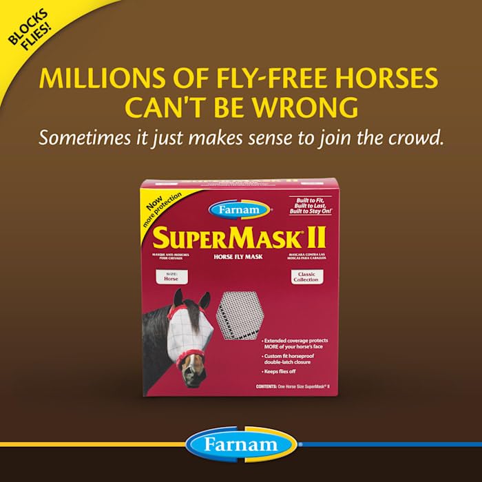 SuperMask II Fly Mask Without Ears for Average Size Horses, Full Face Coverage and Eye Protection from Insect Pests, Structured