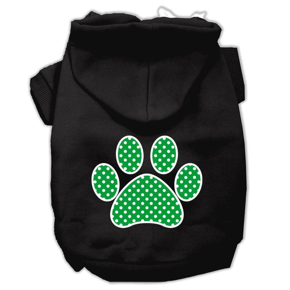 Pet Dog & Cat Hoodie Screen Printed, 'Green Swiss Dots Paw' Black Xl (14-20 Lbs.)
